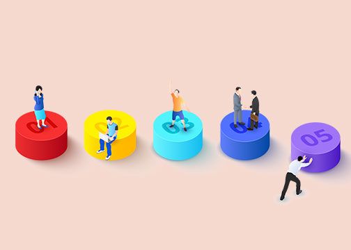 image with red, yellow, bright blue, dark blue, and purple cylinders laid side by side with images of people climbing or sitting on top of each one number 1 through 5 