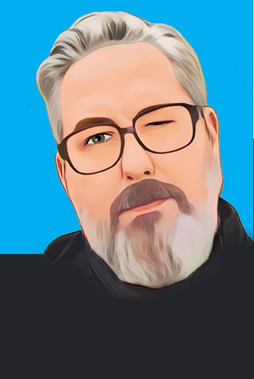 image with a cartoon effect of a man with salt and pepper hair and bird, wearing black rimmed glasses and a black turtleneck sweater winking at the camera